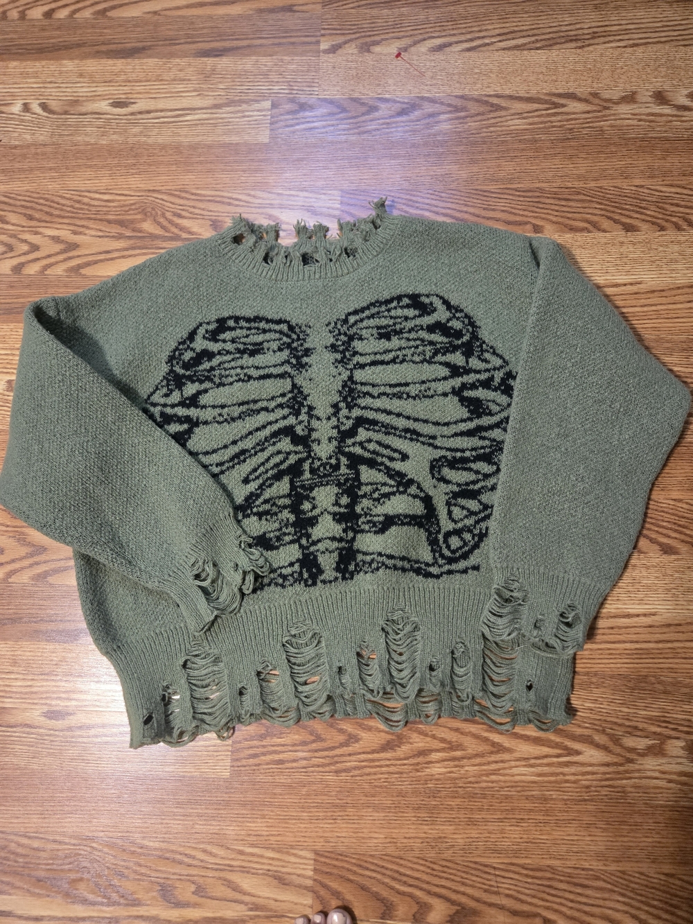 ROMWE Olive Green Distressed Skeleton Crewneck Sweater Sz M/6